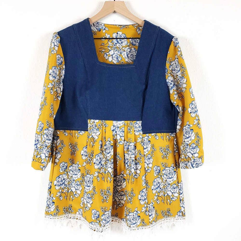 Handmade Peasant Blouse SIZE XL? Boho Top Tunic Floral Denim Colorblock Prairie